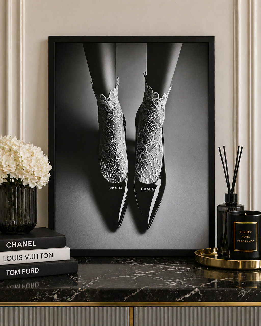 Prada High Heel Wall Art Framed Luxury Black White Fashion Print Glam Home Decor