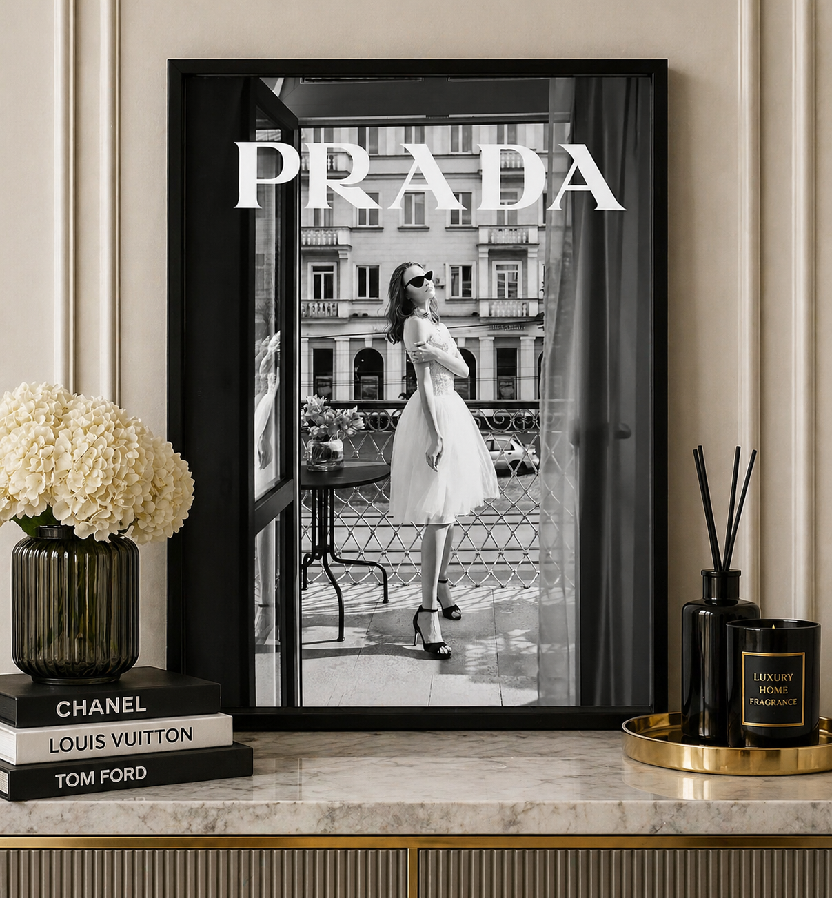 Prada Paris Balcony Wall Art Framed Luxury Black White Fashion Print Glam Home Decor